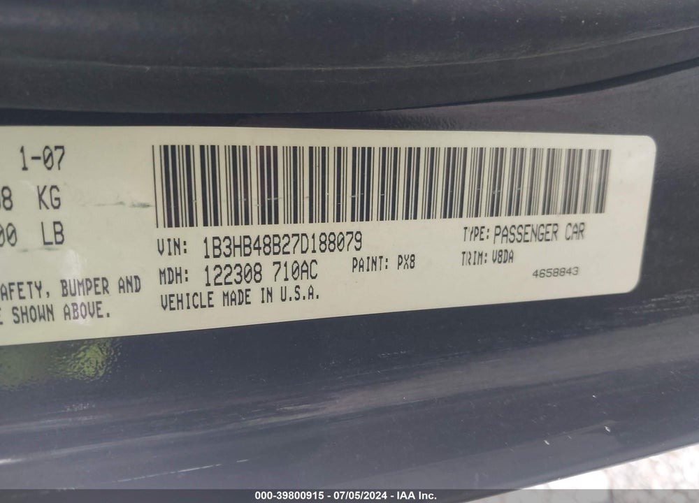 2007 DODGE CALIBER SXT VIN: 1B3HB48B27D188079