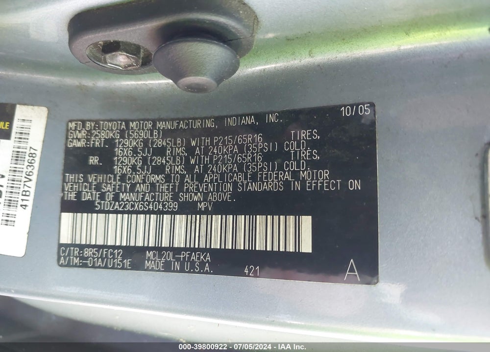 2006 TOYOTA SIENNA LE VIN: 5TDZA23CX6S404399