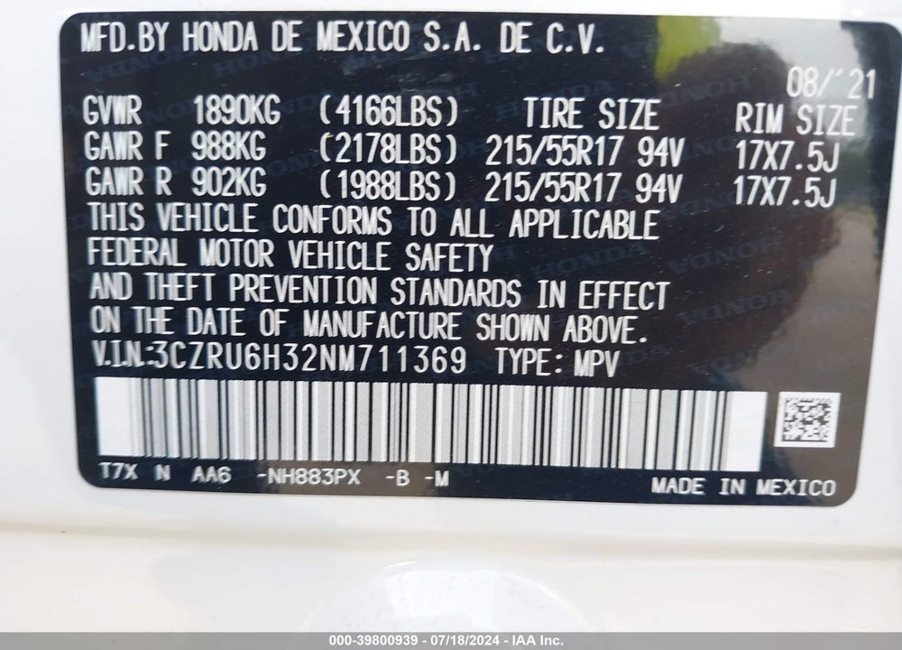2022 HONDA HR-V AWD LX VIN: 3CZRU6H32NM711369
