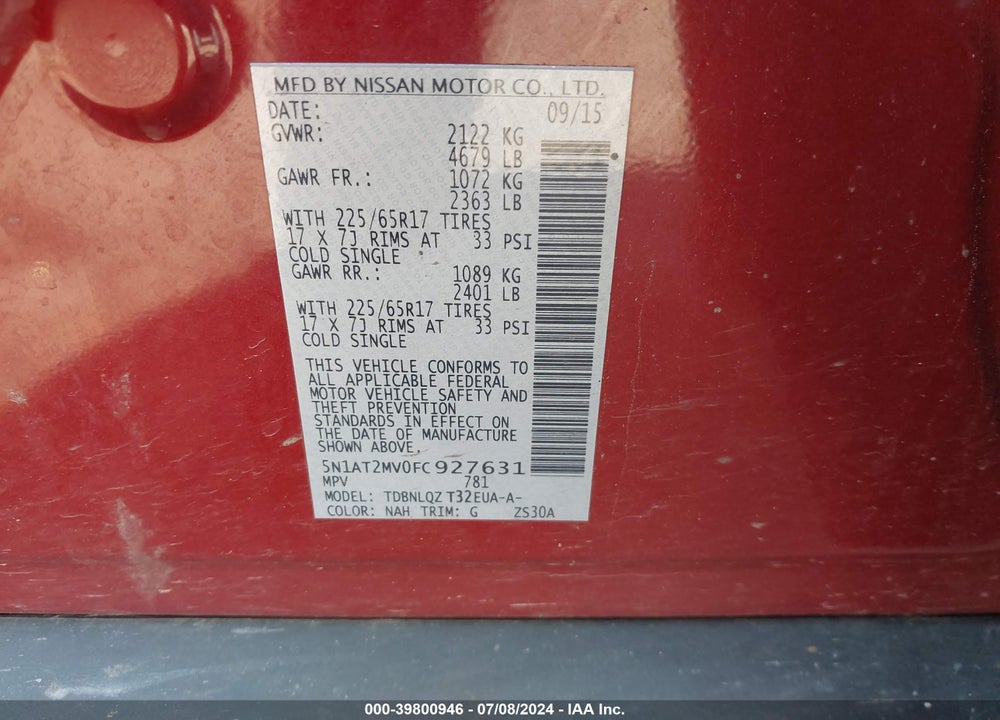 2015 NISSAN ROGUE SV VIN: 5N1AT2MV0FC927631