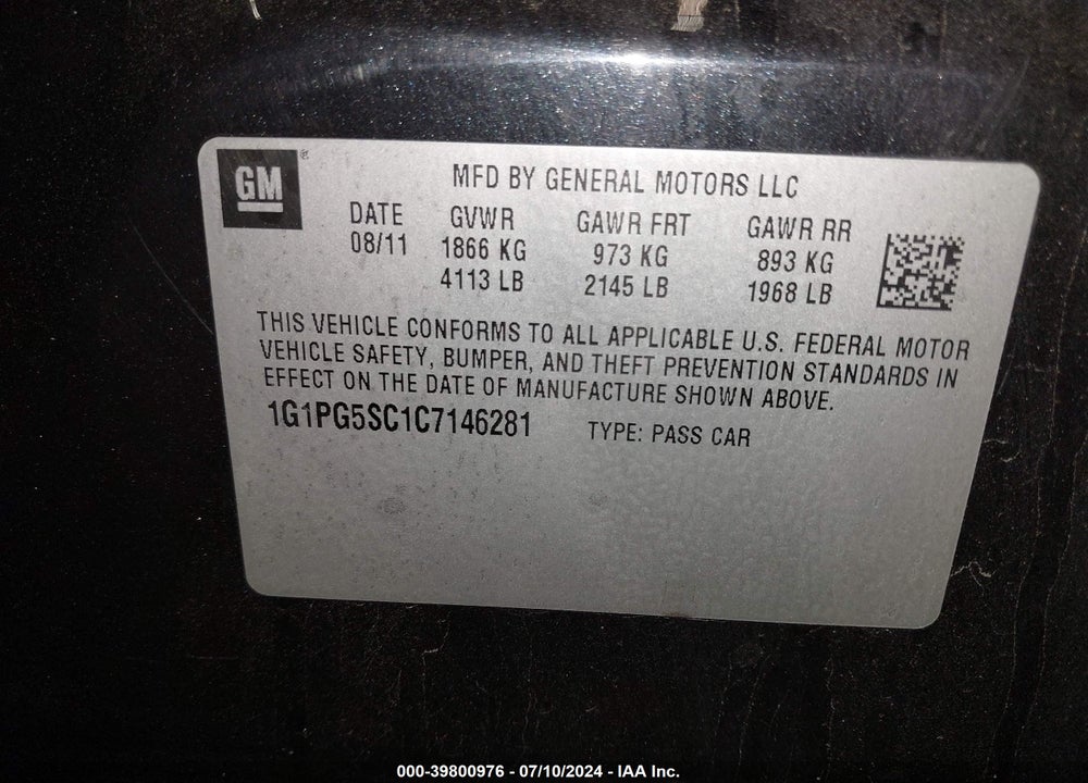 2012 CHEVROLET CRUZE 2LT VIN: 1G1PG5SC1C7146281