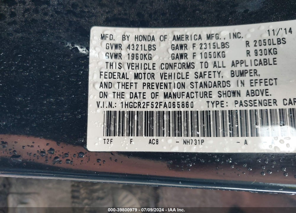 2015 HONDA ACCORD SPORT VIN: 1HGCR2F52FA065860