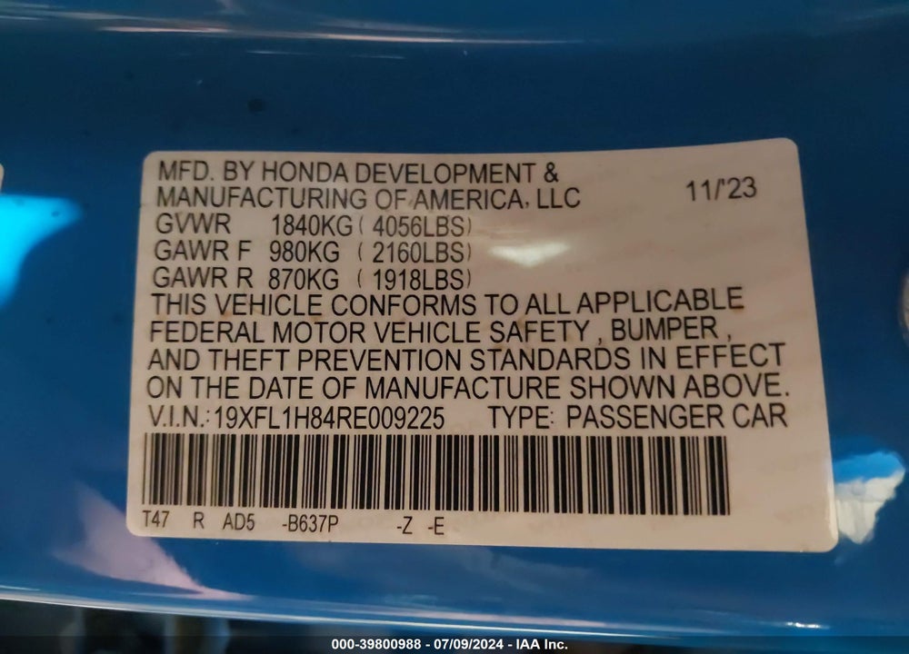 2024 HONDA CIVIC SPORT TOURING VIN: 19XFL1H84RE009225