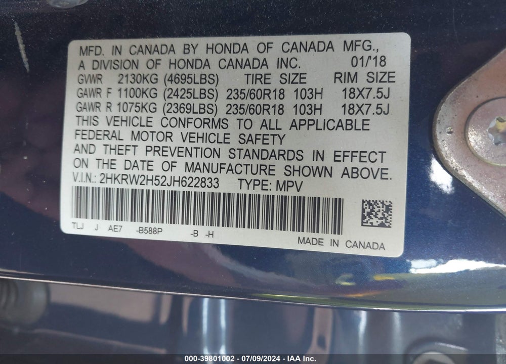 2018 HONDA CR-V EX VIN: 2HKRW2H52JH622833