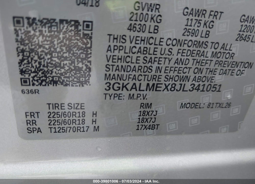 2018 GMC TERRAIN SLE VIN: 3GKALMEX8JL341051