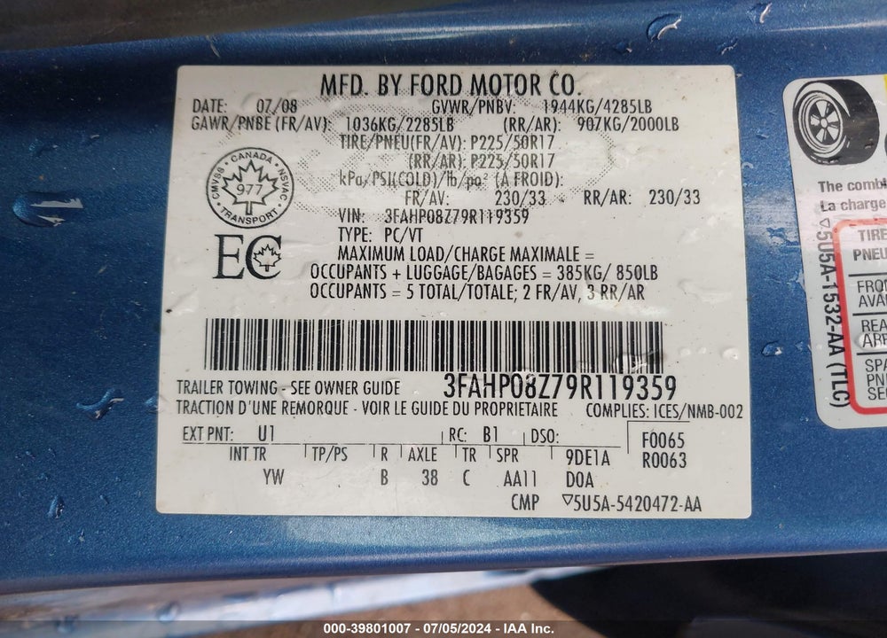 2009 FORD FUSION SEL VIN: 3FAHP08Z79R119359