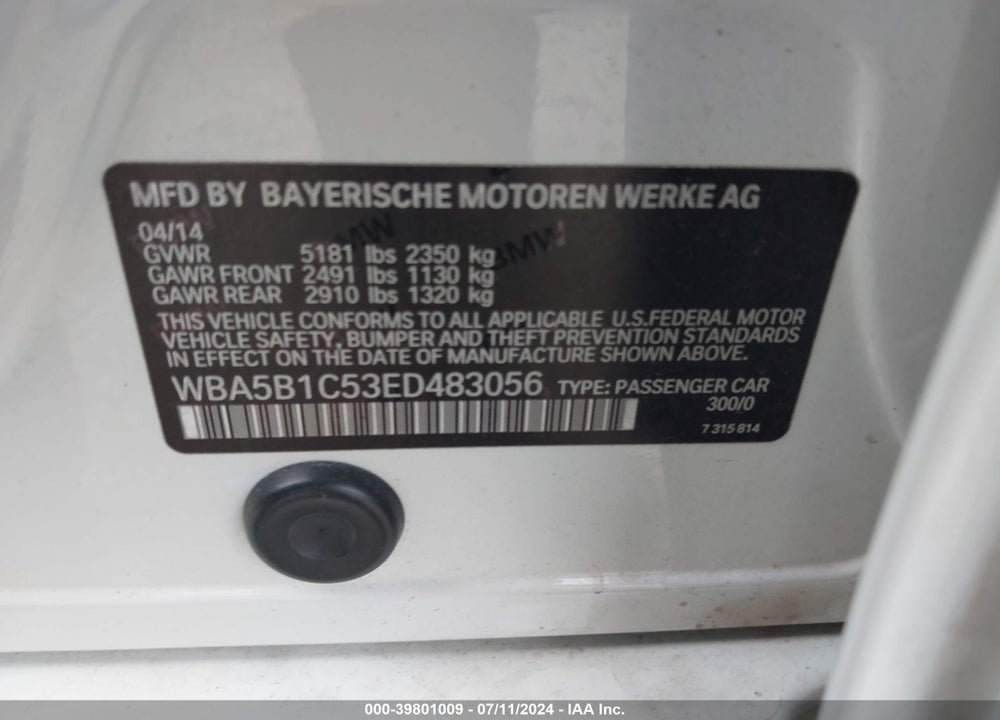 2014 BMW 535I VIN: WBA5B1C53ED483056