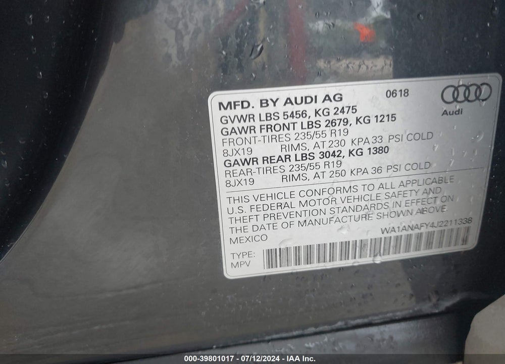 2018 AUDI Q5 2.0T PREMIUM/2.0T TECH PREMIUM VIN: WA1ANAFY4J2211338