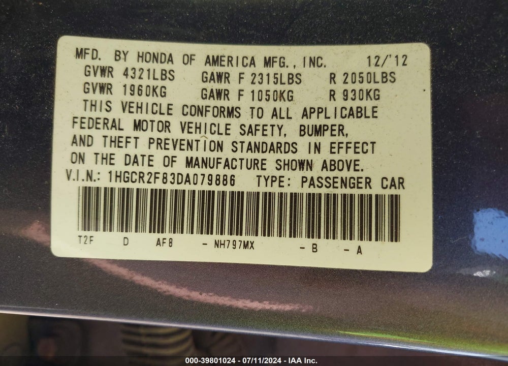 2013 HONDA ACCORD EX-L VIN: 1HGCR2F83DA079886