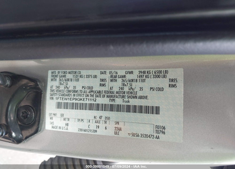 2016 FORD F-150 LARIAT VIN: 1FTEW1EP9GKE71112