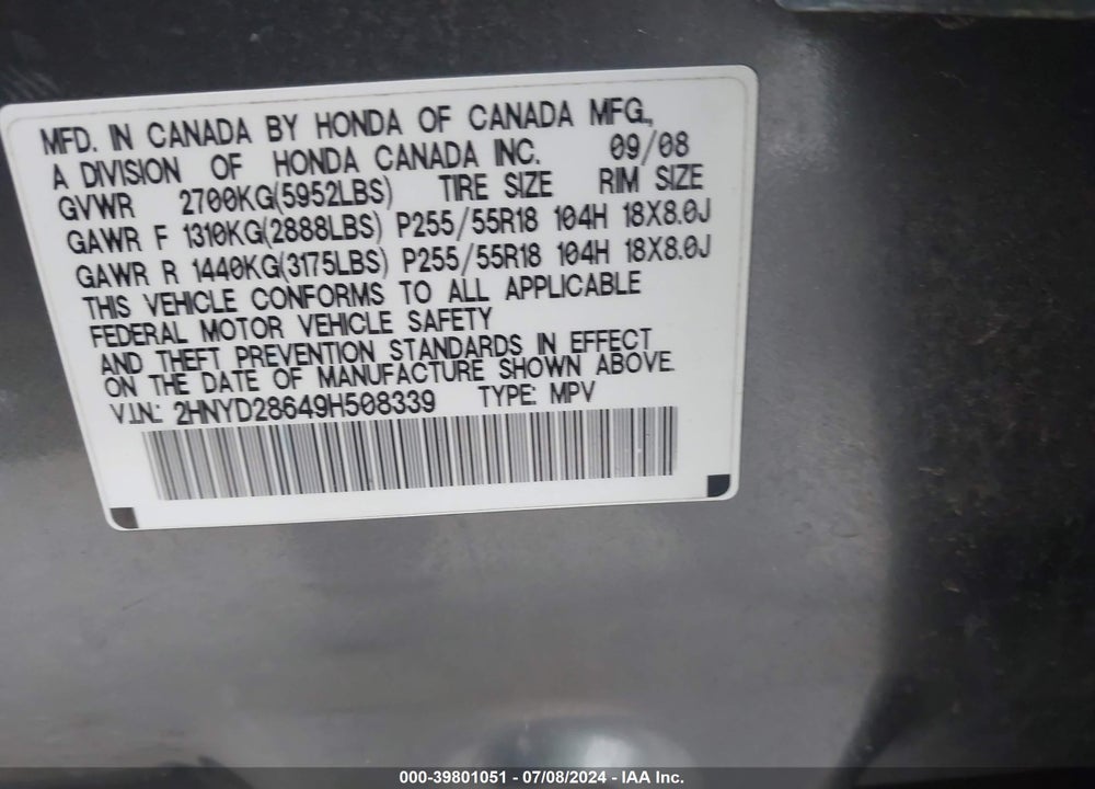2009 ACURA MDX TECHNOLOGY PACKAGE VIN: 2HNYD28649H508339
