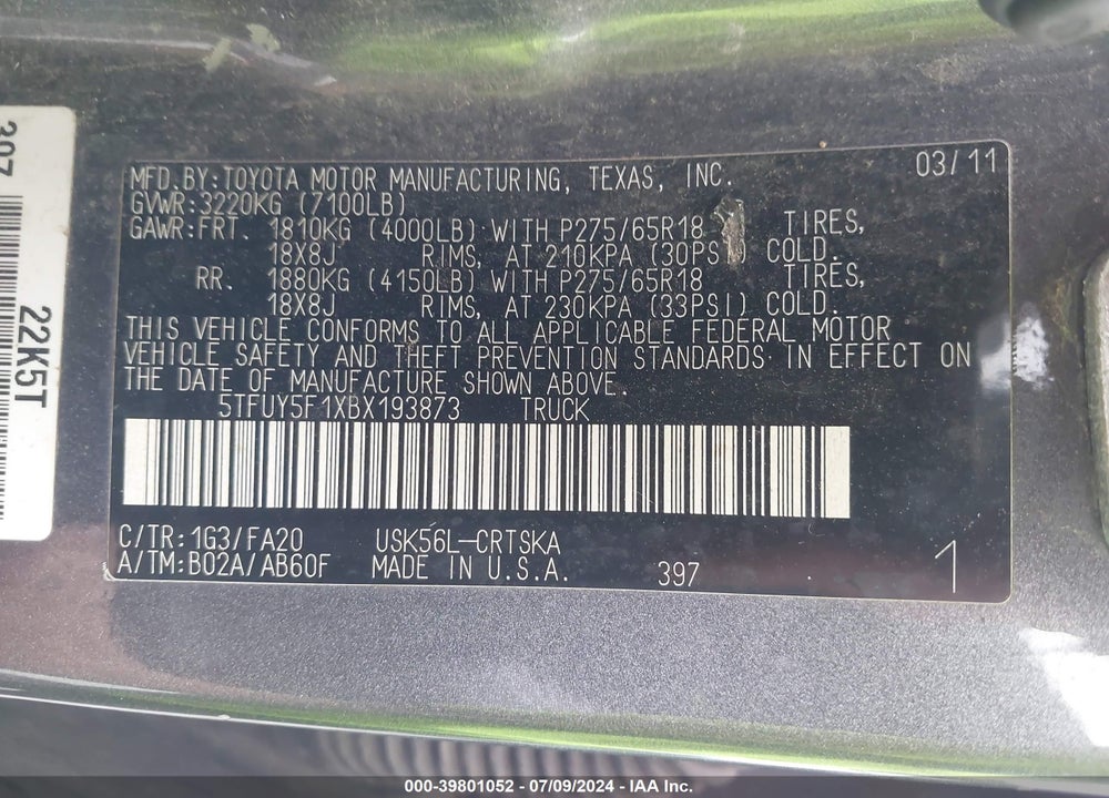 2011 TOYOTA TUNDRA GRADE 5.7L V8 VIN: 5TFUY5F1XBX193873