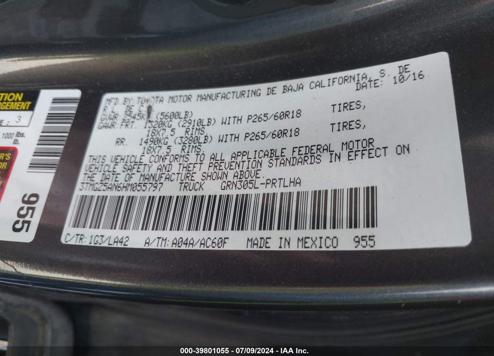 2017 TOYOTA TACOMA LIMITED VIN: 3TMGZ5AN6HM055797