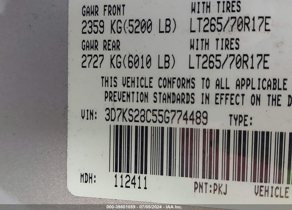 2005 DODGE RAM 2500 SLT/LARAMIE VIN: 3D7KS28C55G774489