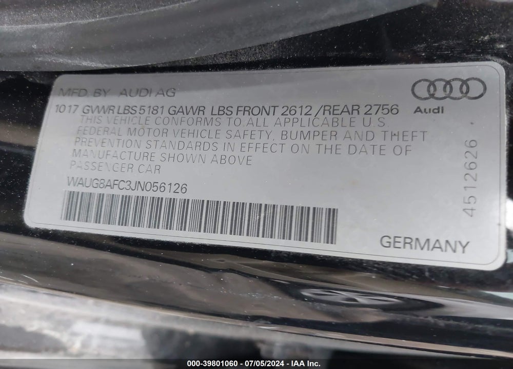 2018 AUDI A6 2.0T PREMIUM VIN: WAUG8AFC3JN056126
