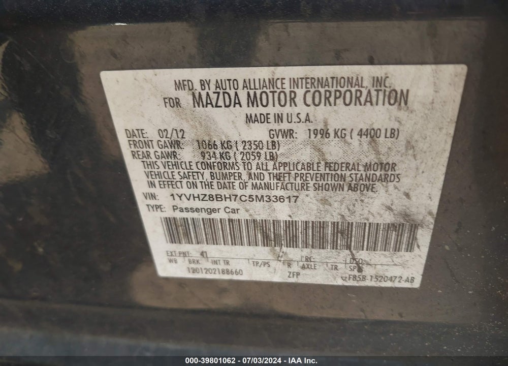 2012 MAZDA 6 I SPORT VIN: 1YVHZ8BH7C5M33617