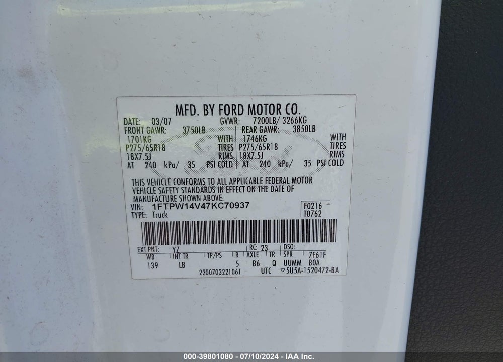 2007 FORD F-150 VIN: 1FTPW14V47KC70937