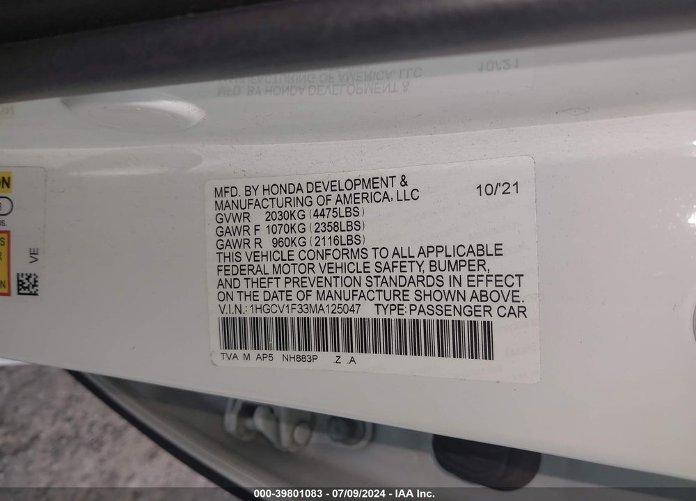 2021 HONDA ACCORD SPORT VIN: 1HGCV1F33MA125047