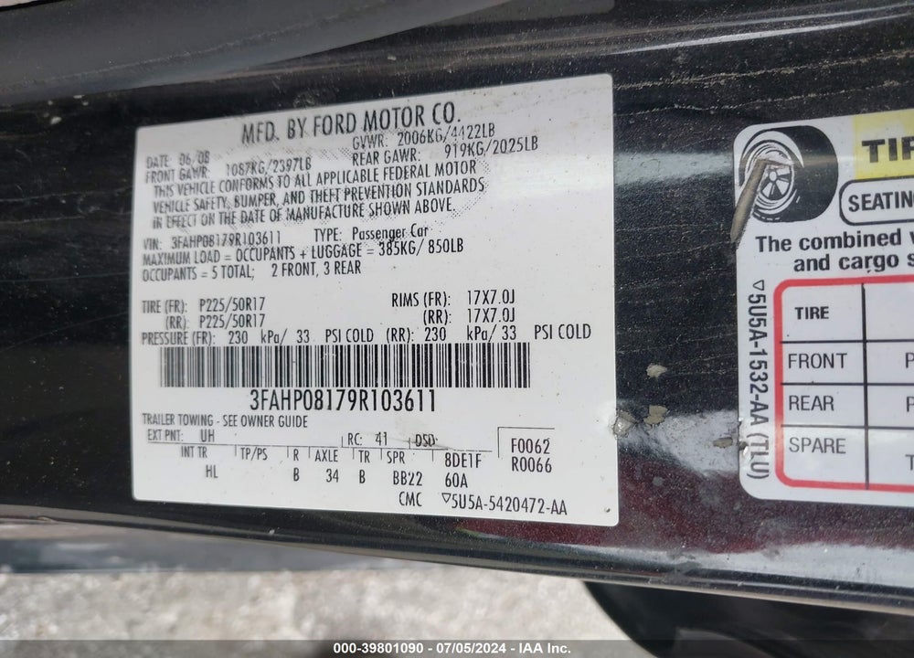 2009 FORD FUSION SEL VIN: 3FAHP08179R103611