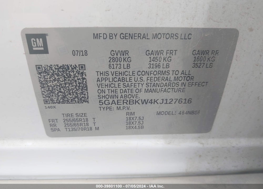 2019 BUICK ENCLAVE FWD ESSENCE VIN: 5GAERBKW4KJ127616