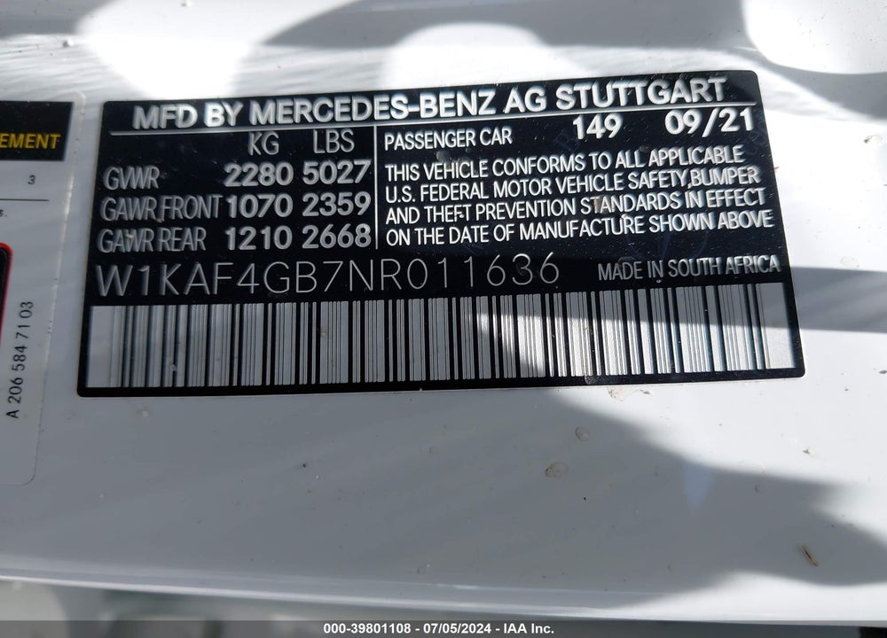 2022 MERCEDES-BENZ C 300 SEDAN VIN: W1KAF4GB7NR011636