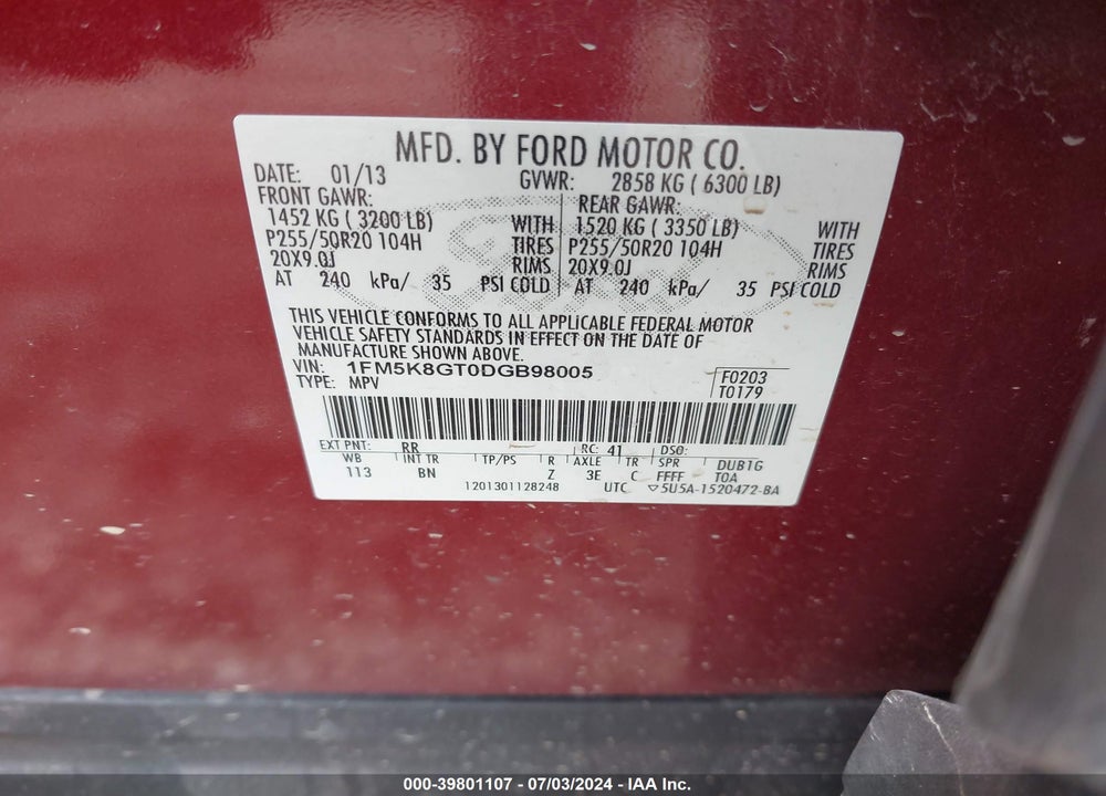 2013 FORD EXPLORER SPORT VIN: 1FM5K8GT0DGB98005