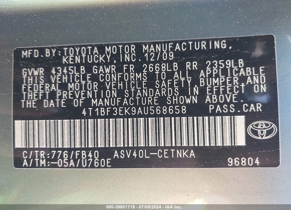 2010 TOYOTA CAMRY LE VIN: 4T1BF3EK9AU568658
