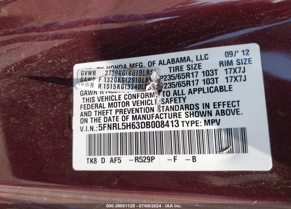 2013 HONDA ODYSSEY EX-L VIN: 5FNRL5H63DB008413