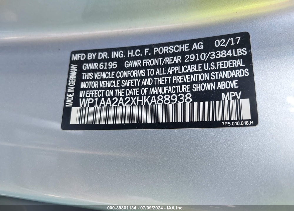 2017 PORSCHE CAYENNE PLATINUM EDITION VIN: WP1AA2A2XHKA88938