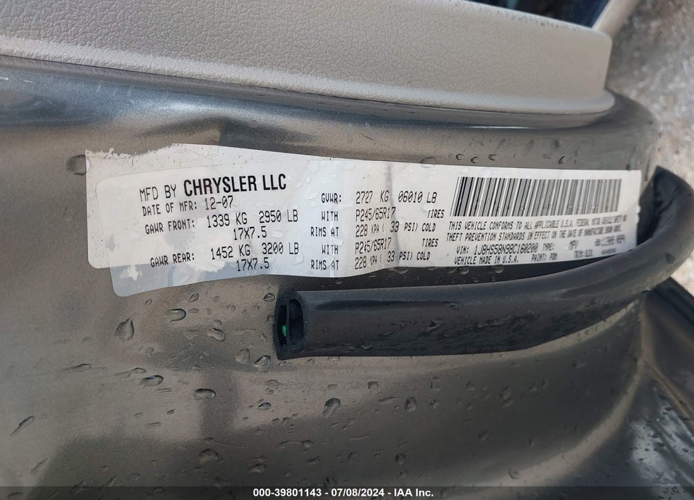 2008 JEEP GRAND CHEROKEE LIMITED VIN: 1J8HS58N98C160200