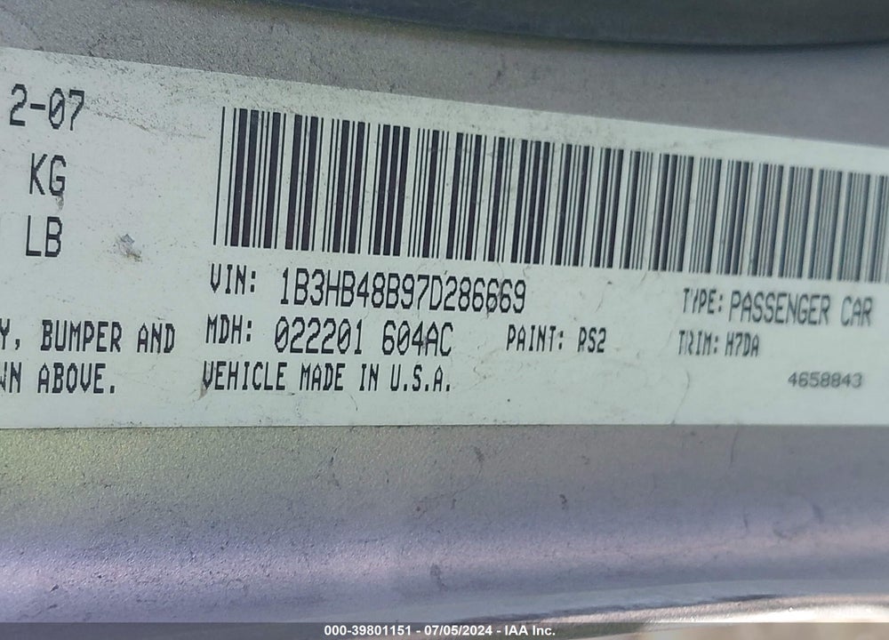 2007 DODGE CALIBER SXT VIN: 1B3HB48B97D286669