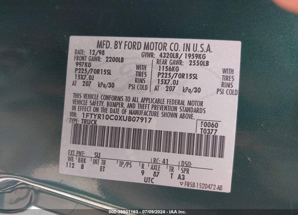 1999 FORD RANGER XL/XLT VIN: 1FTYR10C0XUB07917