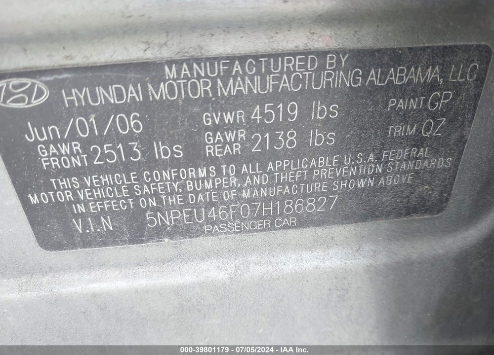 2007 HYUNDAI SONATA LIMITED/SE V6 VIN: 5NPEU46F07H186827