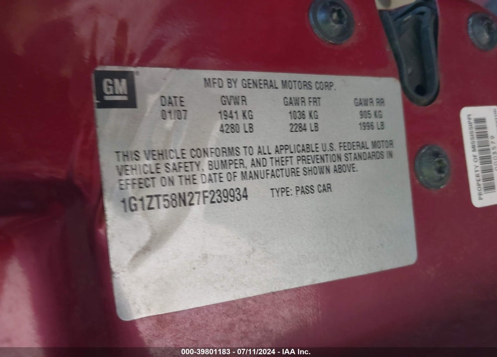 2007 CHEVROLET MALIBU LT VIN: 1G1ZT58N27F239934