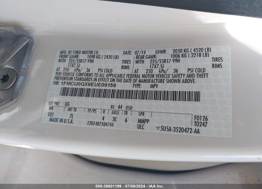 2014 FORD ESCAPE SE VIN: 1FMCU0GX9EUE09159
