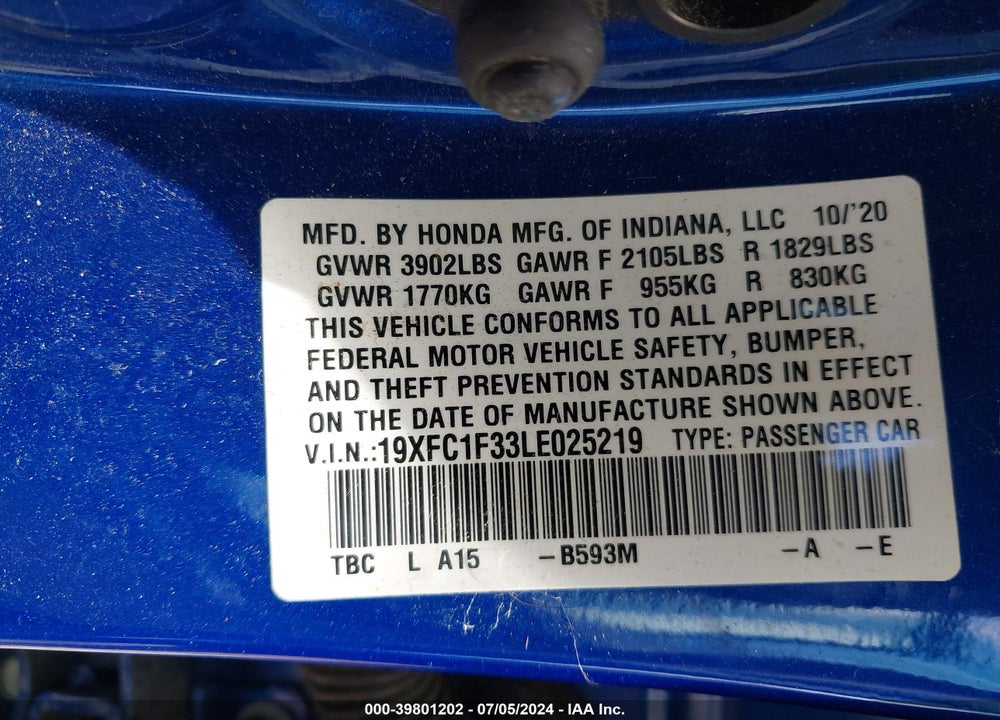 2020 HONDA CIVIC EX VIN: 19XFC1F33LE025219