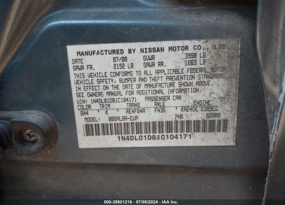 2001 NISSAN ALTIMA GXE VIN: 1N4DL01D81C104171