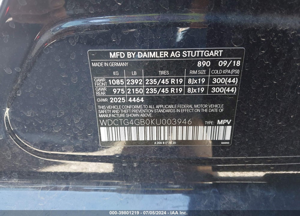 2019 MERCEDES-BENZ GLA 250 4MATIC VIN: WDCTG4GB0KU003946