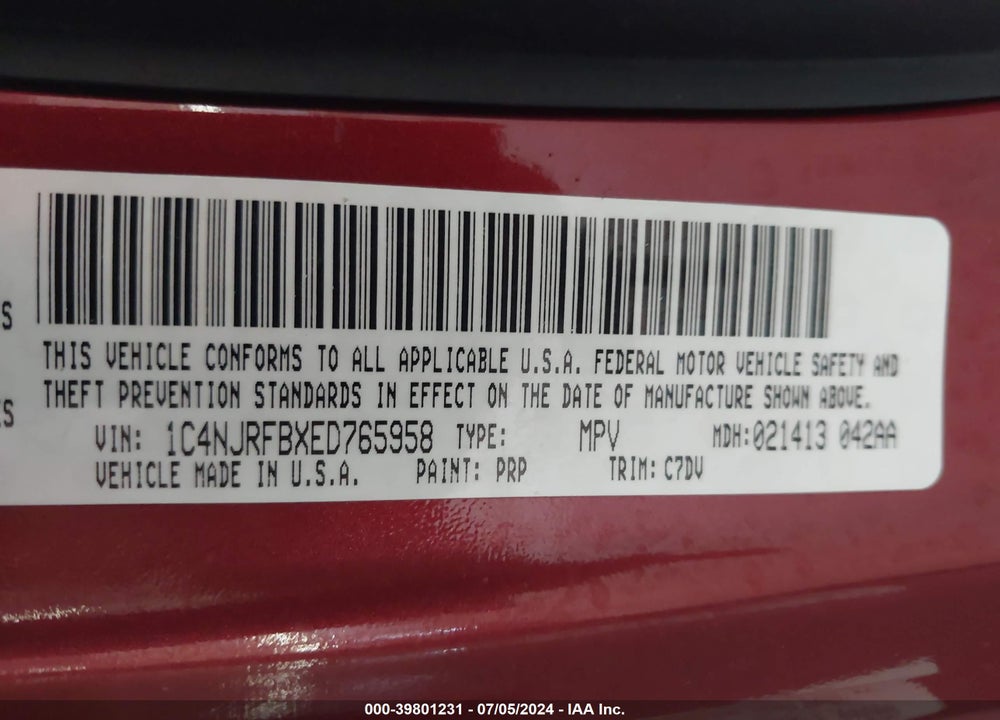2014 JEEP PATRIOT LATITUDE VIN: 1C4NJRFBXED765958