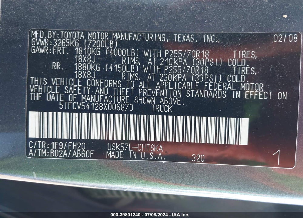 2008 TOYOTA TUNDRA BASE 5.7L V8 VIN: 5TFCV54128X006870