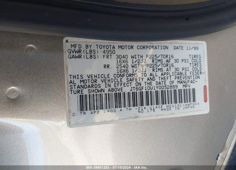2000 LEXUS RX 300 VIN: JT6GF10U1Y0052889
