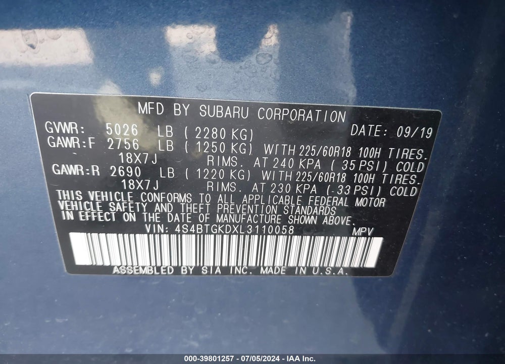 2020 SUBARU OUTBACK ONYX EDITION XT VIN: 4S4BTGKDXL3110058
