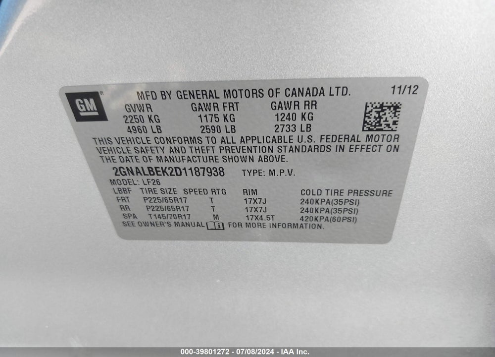 2013 CHEVROLET EQUINOX LS VIN: 2GNALBEK2D1187938