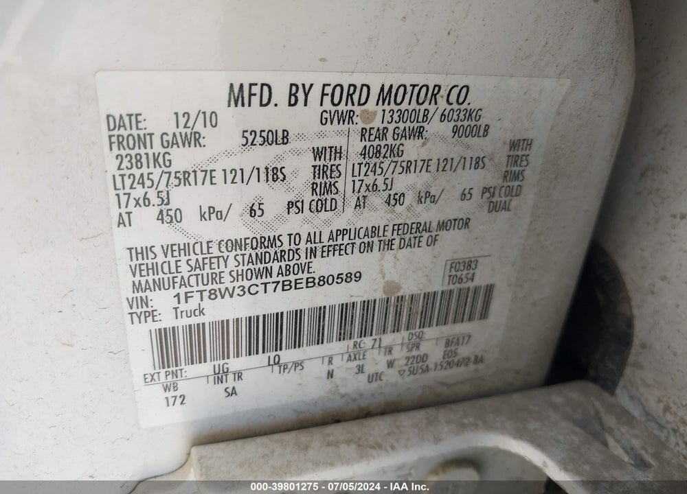 2011 FORD F-350 LARIAT VIN: 1FT8W3CT7BEB80589