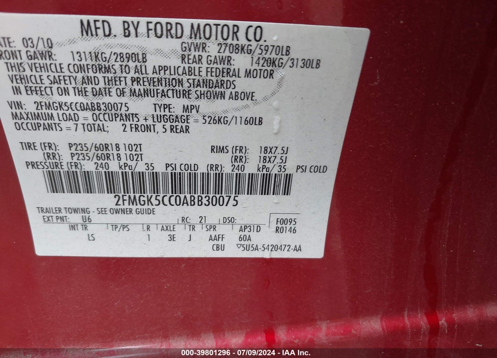 2010 FORD FLEX SEL VIN: 2FMGK5CC0ABB30075