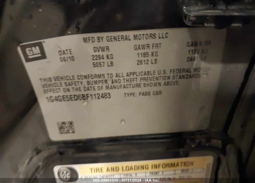 2011 BUICK LACROSSE CXS VIN: 1G4GE5ED6BF112483