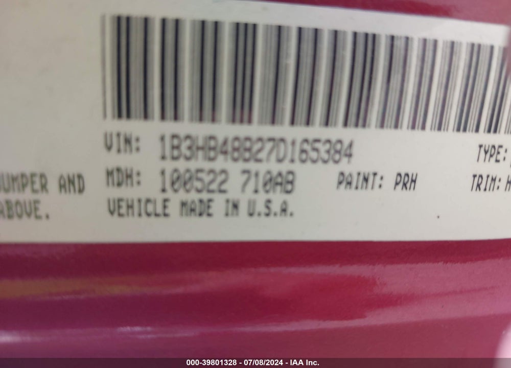 2007 DODGE CALIBER SXT VIN: 1B3HB48B27D165384
