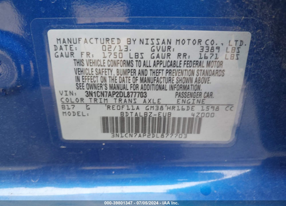 2013 NISSAN VERSA 1.6 SV VIN: 3N1CN7AP2DL877703