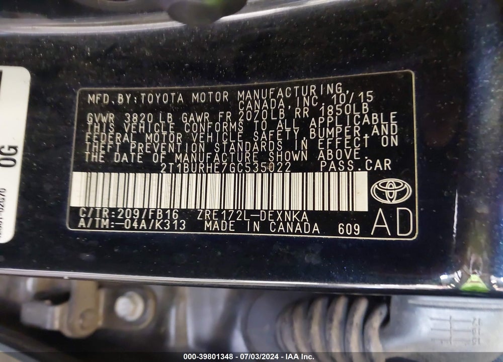 2016 TOYOTA COROLLA LE VIN: 2T1BURHE7GC535022
