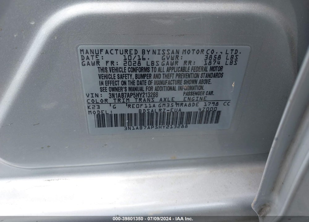 2017 NISSAN SENTRA SR VIN: 3N1AB7AP5HY213288